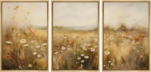 Vista 46 de SIGNWIN Lienzo enmarcado para pared, juego de arte de campos pastorales, flores silvestres, campo rústico, paisaje, floral, ilustraciones modernas