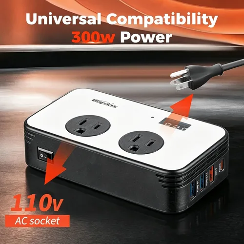 Vista 2 de inversor de corriente para coche de 300 W, adaptador de toma de corriente para coche CC 12 V a CA 110 V con USB-C PD 25W, QC3.0 y pantalla LCD