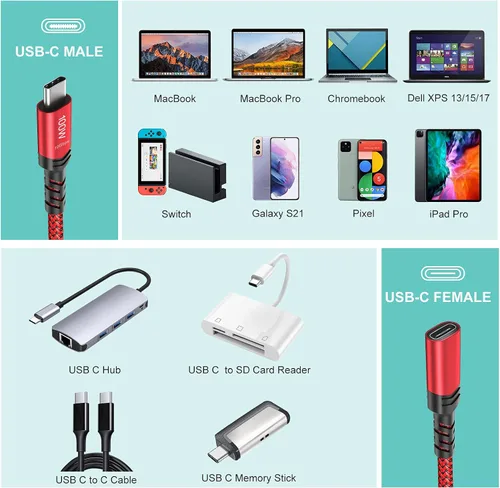 Vista 7 de Cable de extensión USB C de 3 pies, USB 3.2 USB-C macho a hembra, cable extensor de carga rápida 5A y sincronización de 10 Gbps para iPhone 16, rojo