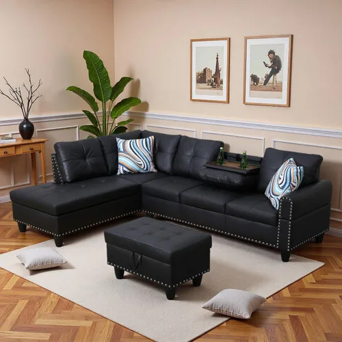 Vista 3 de Sofá Seccional de Cuero con Chaise Móvil y Otomana de Almacenamiento, Sofás Modulares Convertibles en Forma de L de 3 Piezas para Sala de Estar