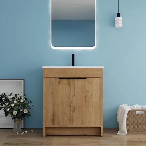 Vista 19 de Tocador de baño pequeño de 16 pulgadas con lavabo, tocador de baño independiente de 16" para espacios pequeños, gabinete de madera contrachapada