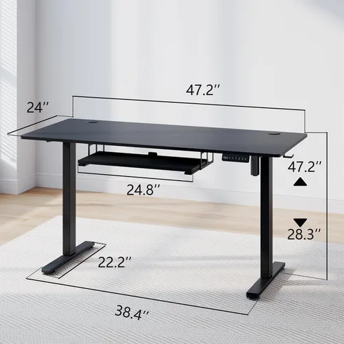 Vista 3 de Escritorio eléctrico de altura ajustable con bandeja para teclado, escritorio de pie sentado de 48 x 24 pulgadas, escritorio ergonómico para Negro