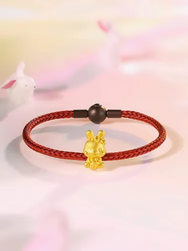 Vista 3 de ZHOU LIU FU Pulseras de oro real para mujer, pulsera de conejo de la suerte, joyería de oro de 24 quilates, pulsera roja con dije de conejo