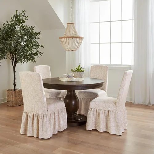 Vista 2 de SureFit Essential - Funda larga para silla de comedor con volantes de sarga con diseño estampado de algodón, falda larga con volantes y pliegues