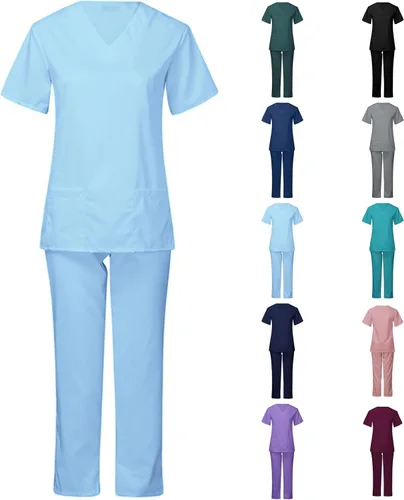 Vista 6 de Conjunto de uniforme médico moderno con cuello en V sólido top ropa de trabajo con cordón roscado pantalón piernas uniformes atlético conjunto
