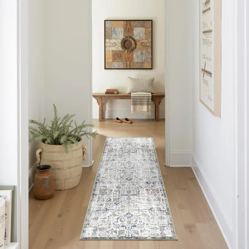 Vista 287 de jinchan Lima - Alfombra simétrica floral geométrica lavable, alfombra de entrada de medio círculo de 2 x 3, alfombra de media luna, suave y Azul