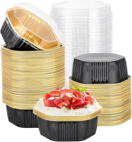 Vista 13 de Beasea Tazas desechables para hornear con tapas, juego de 50 unidades, 13.5 oz 400 ml, ramekins de aluminio con tapa de papel de aluminio, moldes