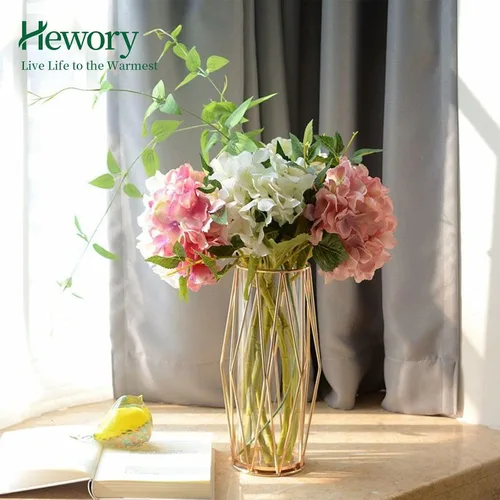 Vista 4 de Hewory - Jarrones de flores modernos dorados para centros de mesa, jarrones de vidrio de 11 pulgadas con soporte de metal, jarrones geométricos