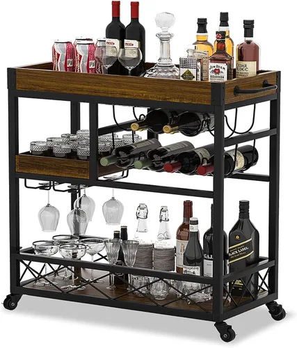 Vista 10 de Carrito de bar para el hogar, carrito de servicio industrial de 3 neumáticos con ruedas bloqueables, carrito de bebidas alcohólicas con 2 bandejas