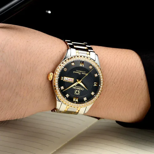 Vista 3 de Gosasa Relojes de oro de lujo hechos en Suiza, relojes de diamantes de acero inoxidable dorado luminoso de la semana del calendario de la exhibición
