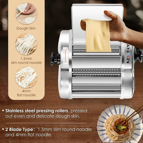 Vista 3 de NEWTRY Máquina Eléctrica para Hacer Pasta Máquina para Hacer Fideos Máquina para Hacer Pasta Rodillo Cortador de Masa Grosor Ajustable Acero