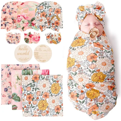 Vista 30 de DRESHOW BQUBO - Conjunto de gorro de algodón para bebé, manta para recién nacido, con orejas de oso, tarjeta de anuncio de nacimiento de madera