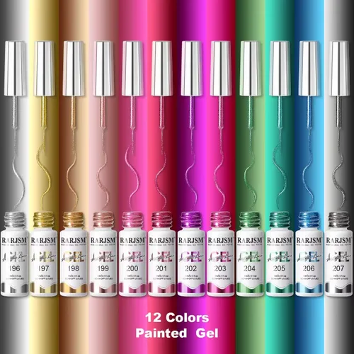 Vista 2 de RARJSM Juego de esmaltes de uñas de gel metalizados para arte de uñas, negro, plata, oro rosa, azul, verde, rojo, con brillantina, 12 colores, 0.2