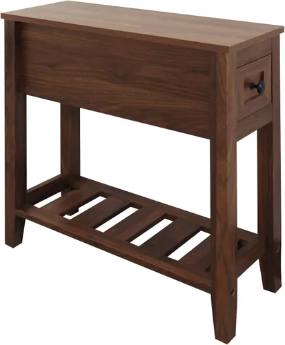 Vista 3 de Mesa auxiliar estrecha para silla, mesa auxiliar reclinable sólida con cajón, mesita de noche delgada para sala de estar y dormitorio