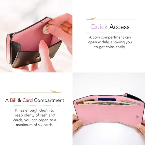 Vista 6 de MALTA Cuero auténtico Trifold Mini Billetera para las mujeres Monedero Titular de la tarjeta compacto dos tonos