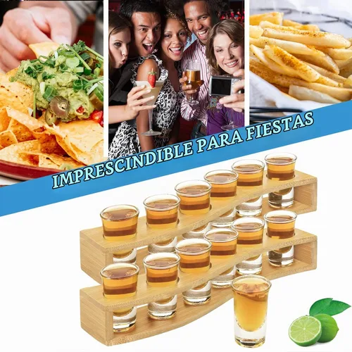 Vista 4 de LINALL Juego de vasos de chupito de 12 piezas, 1 onza/1.0 fl oz con soporte base pesada para whisky tequila, 12 bandejas de servir de vidrio