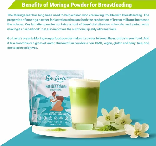 Vista 8 de Go-Lacta® Super Polvo de Moringa: ¡Aumenta la leche materna naturalmente! 30 sobres de 3 g de Moringa orgánica pura - Perfecto para mamás, 100%
