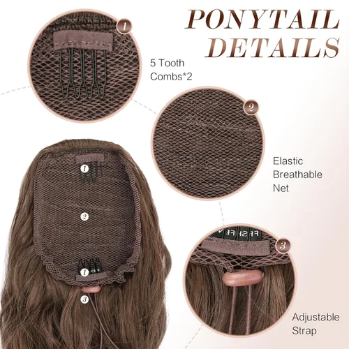 Vista 3 de FESHFEN Extensiones de cola de caballo – 26 pulgadas cordón largo rizado ondulado clip en colas de caballo pelo sintético extensiones de cola