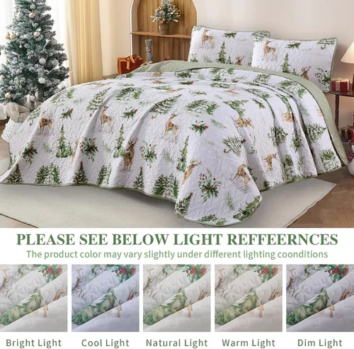 Vista 6 de DJY Juego de edredón navideño tamaño queen, patrón de renos y árboles de Navidad, juego de ropa de cama navideña, suave microfibra verde y blanco