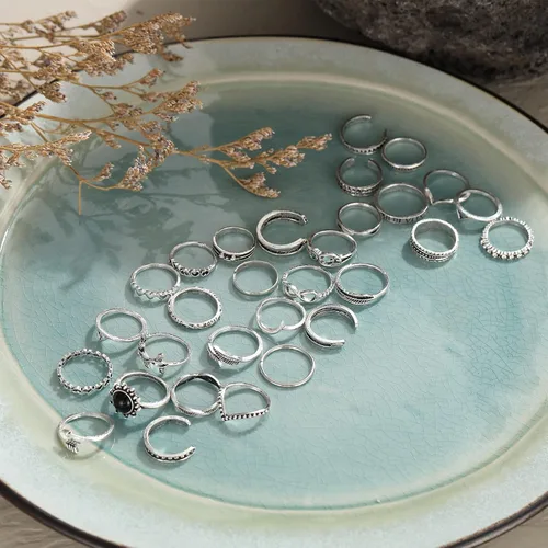 Vista 7 de FAXHION Juego de anillos de cadena punk de plata vintage para hombres mujeres y niñas anillos góticos geniales anillos de dedo de cadena gruesa