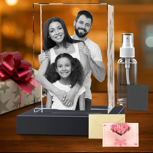 Vista 19 de Marco de Fotos Personalizado de Cristal 3D Rectangular Pequeño (Horizontal) – Premium: Base LED Multicolor, Envoltorio para Regalo y Tarjeta 3D