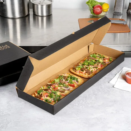 Vista 150 de Restaurantware - Cajas para pizza, 50 unidades, 14 x 7 x 1.5 pulgadas, embalaje de papel de cartón corrugado con bloqueo de pestañas, resistente a