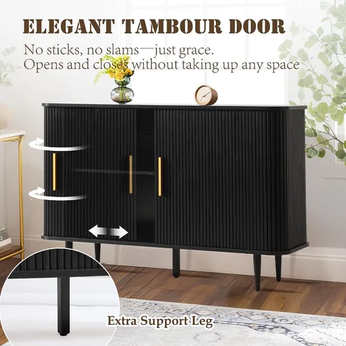 Vista 3 de Aparador estriado con almacenamiento, gabinete de tambor de mediados de siglo de 47 pulgadas con puertas deslizantes y estantes, gabinetes de búfer