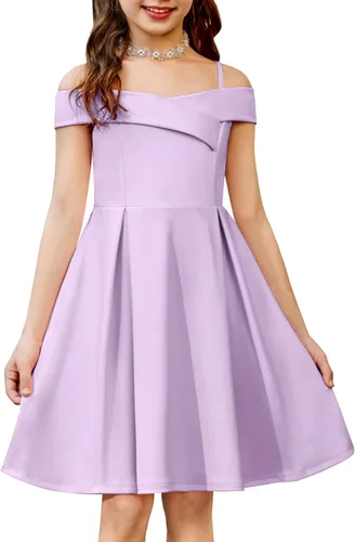 Vista 10 de Arshiner Vestido de verano para niñas con hombros descubiertos, plisado, formal, elegante Azul