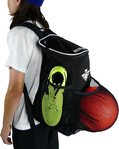 Vista 3 de Mochila de fútbol con compartimento para pelotas - Para niños y niñas La bolsa se adapta a todos los equipos de fútbol y equipo de gimnasio (negro)