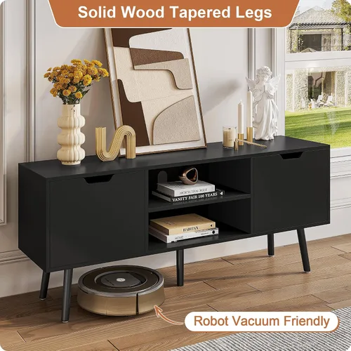 Vista 5 de ALINE FURNITURE - Soporte de TV negro para televisores de 50, 55, 60+ pulgadas - Consola multimedia con 2 gabinetes y estantes abiertos, patas
