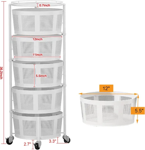 Vista 6 de Cestas giratorias de cocina con ruedas redondas de malla de 5 niveles, organizador de frutas y verduras, almacenamiento rodante con ruedas