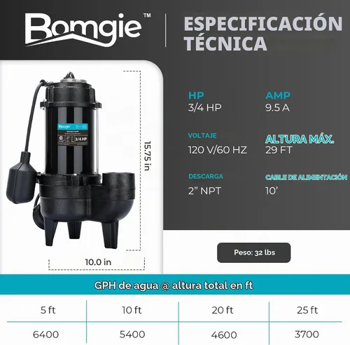 Vista 6 de 3/4 HP Bomba sumergible de aguas residuales 120V 6400 GPH Bomba de Oscuro