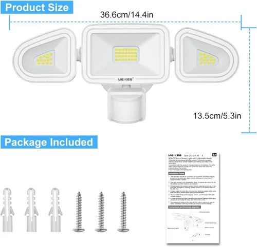 Vista 7 de MEIKEE Luces LED de seguridad de 42 W, luz con sensor de movimiento, luz de inundación al aire libre, 3600LM 6500K IP66 impermeable, 3 cabezales