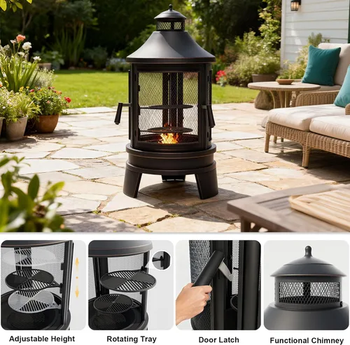 Vista 4 de ALAULM Chiminea de metal con parrilla, hoguera 2 en 1 con bandeja de parrilla ajustable y puerta mosquitera de malla, chimenea de acceso múltiple