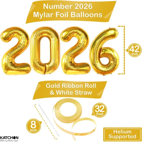 Vista 2 de Katchon, Globos gigantes dorados 2026 – 42 pulgadas Globos de Año Nuevo Números de globos 2026 Globo dorado para decoraciones de Año Nuevo