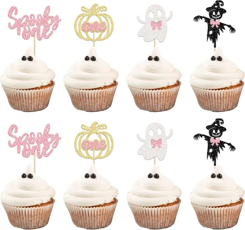 Vista 24 de Gyufise 24 adornos para cupcakes de Halloween con calabaza, fantasma, purpurina negra, decoraciones para cupcakes para niños, decoración de fiesta