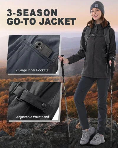 Vista 4 de Outdoor Ventures Chaqueta Softshell para mujer con capucha extraíble, cortavientos aislada, abrigo impermeable con forro polar cálido