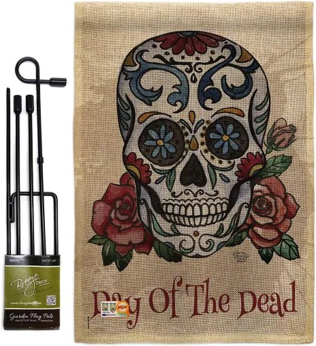 Vista 10 de Bandera de arpillera para jardín del Día de los Muertos, fiesta mexicana, otoño, pequeño regalo, decoración para patio, casa, de doble cara
