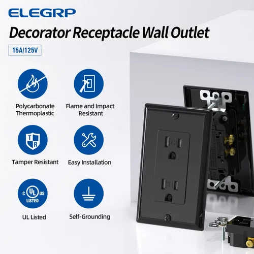 Vista 2 de ELEGRP Toma de corriente decorativa de pared, resistente a manipulaciones, 15 amperios, salida de pared eléctrica estándar, grado residencial