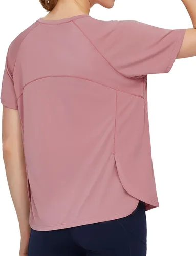 Vista 4 de Dragon Fit Camisetas de entrenamiento ligeras para mujer, de manga corta, cuello redondo, para yoga, camisetas atléticas casuales