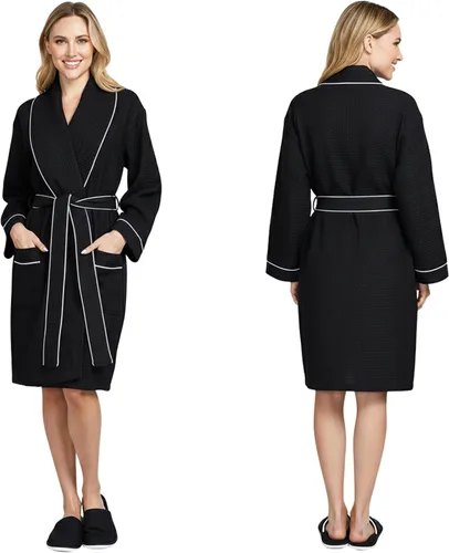 Vista 21 de Lotus Linen Women’s Lightweight Waffle Spa Robes – Soft Cotton Knee Length Bathrobe, Personalized Bridesmaids Robe Negro