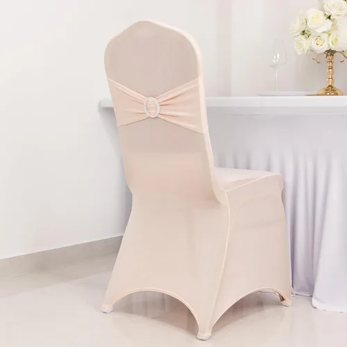 Vista 69 de Efavormart - Funda para silla de banquete de elastano beige con banda de hebilla de diamantes de imitación plateados, funda elástica para silla