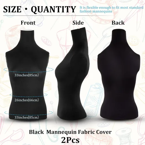Vista 2 de Tudomro 2 piezas de cubierta de tela de maniquí negro cubierta de la forma de vestido femenino estiramiento maniquí cuerpo de tela para diseñador