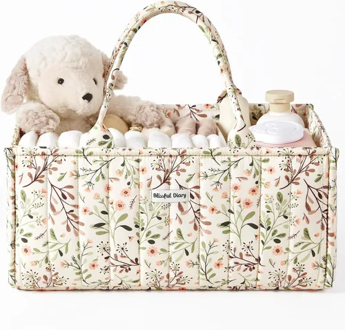 Vista 12 de Blissful Diary Organizador de pañales con flores, elegante cesta de almacenamiento para guardería, regalo para baby shower, imprescindible