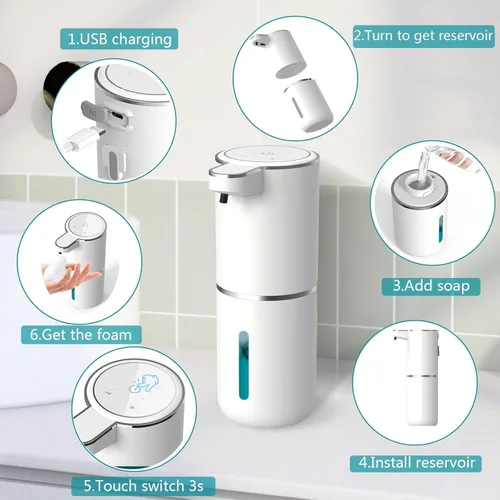 Vista 3 de Dispensador automático de jabón 2P, dispensador de jabón espumoso sin contacto de 13.5 fl oz, dispensador recargable por USB, eléctrico montado