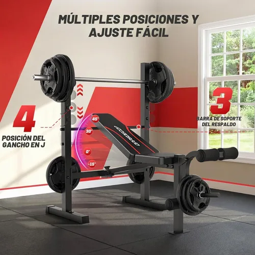 Vista 3 de OPPSDECOR Juego de banco de pesas, banco ajustable multifunción para press de banca con rack para sentadillas, extensión de piernas y curl