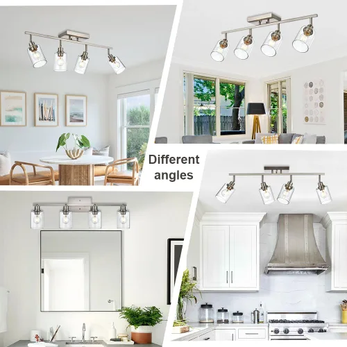 Vista 3 de Lámpara de tocador de 4 luces para baño en acabado de níquel cepillado, lámpara clásica con cabezal de luz giratoria, lámpara de techo de metal