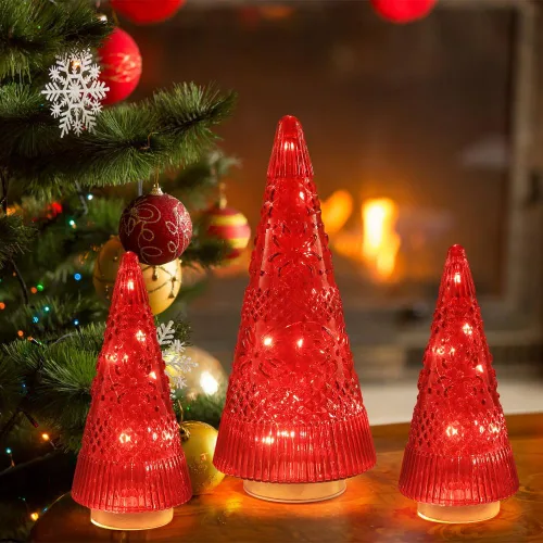 Vista 5 de PHITRIC Decoraciones de Navidad para Interiores, 3 Piezas de Centros de Mesa de Árbol de Navidad de Cristal Rojo Brillante con Luces LED