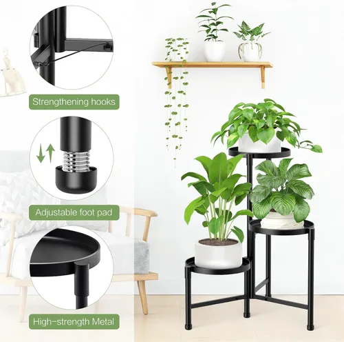 Vista 3 de Soporte esquinero de metal de 3 niveles para interiores y exteriores, soporte para múltiples macetas de 30 pulgadas de alto, organizador de plantas