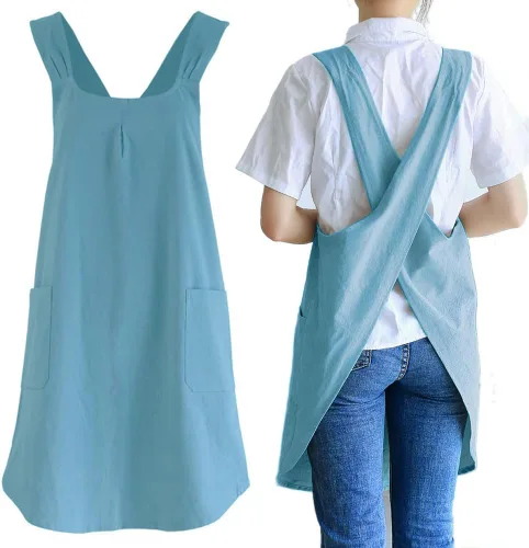 Vista 20 de NEWGEM - Delantales de cocina de lino japonés para mujeres y hombres, con tirantes cruzados y bolsillos, para repostería y cocina